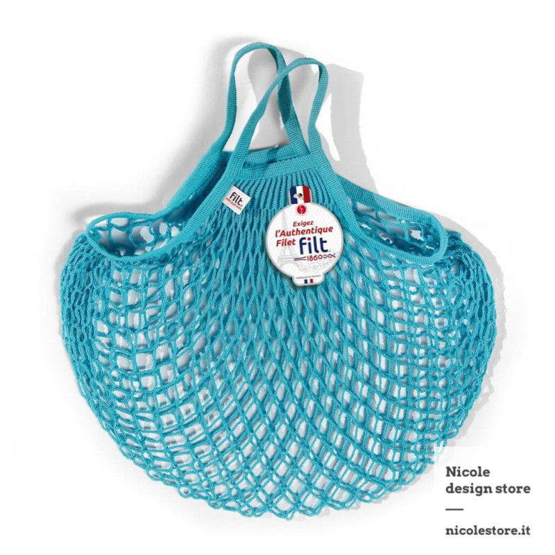 Borsa a rete in cotone con manico a mano turchese bleu joyau Filt 1860 Borsa a rete in cotone con manico a mano turchese bleu joyau Filt 1860