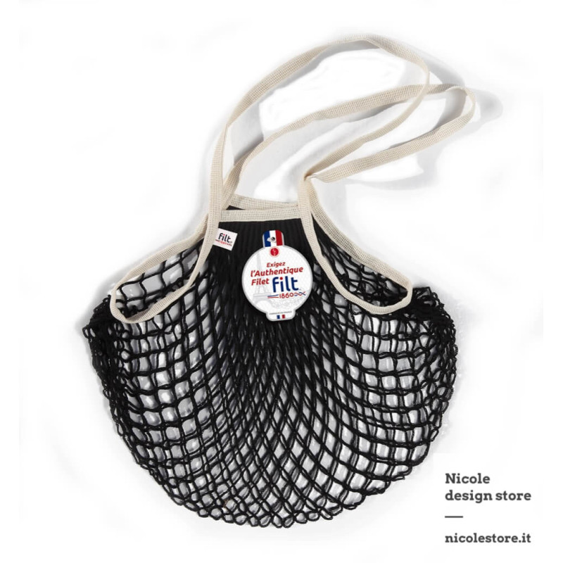 Filt 1860 noir ecru black cotton mesh net shopping bag with shoulder handle