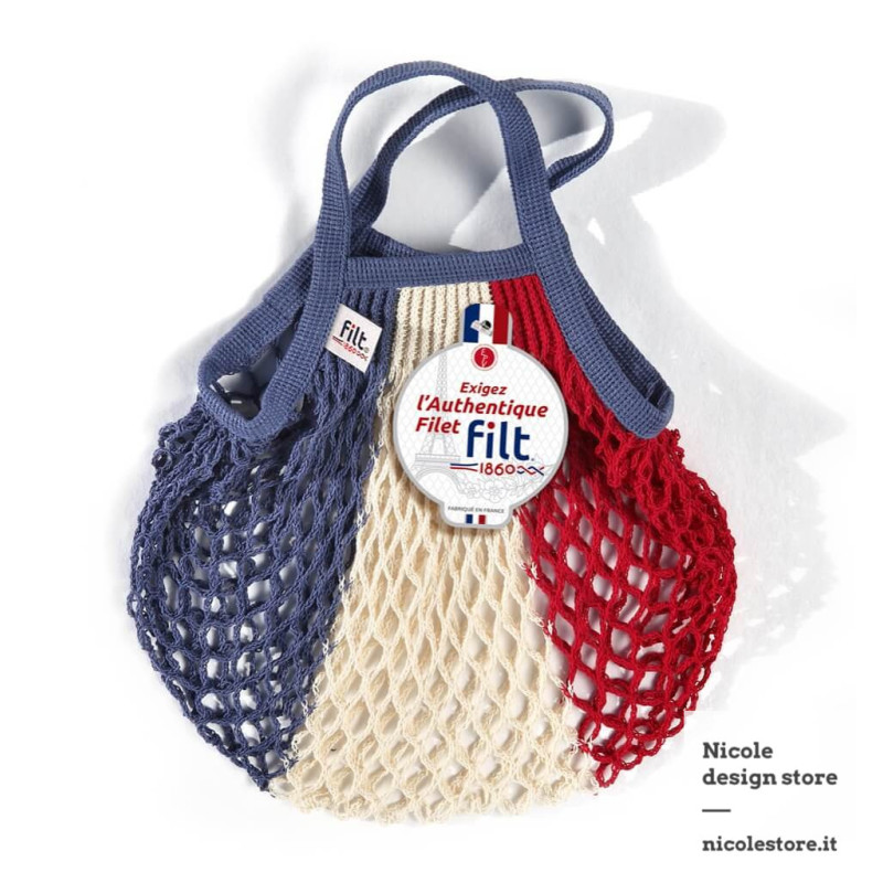 Filt 1860 bleu blanc rouge small cotton mesh net shopping bag with handle Filt 1860 bleu blanc rouge small cotton mesh net shopping bag with handle