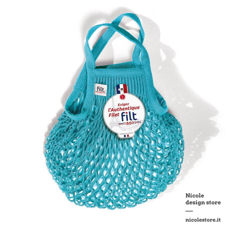Filt 1860 turquoise bleu joyau small cotton mesh net shopping bag with handle Filt 1860 turquoise bleu joyau small cotton mesh net shopping bag with handle
