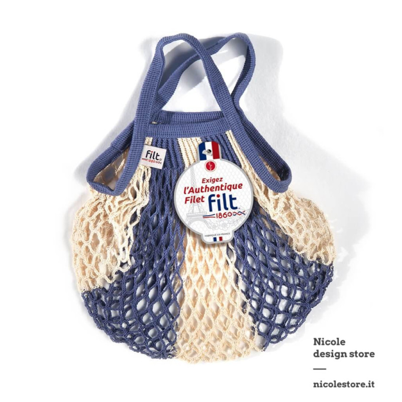Filt 1860 bleu jean ecru small cotton mesh net shopping bag with handle