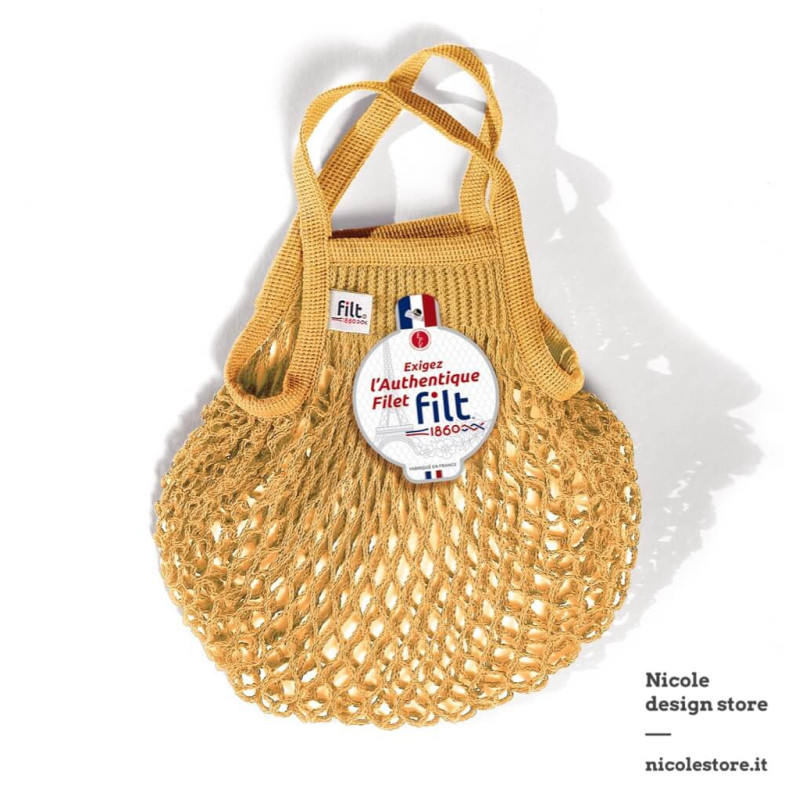 Filt 1860 jaune gold yellow small cotton mesh net shopping bag with handle Filt 1860 jaune gold yellow small cotton mesh net shopping bag with handle