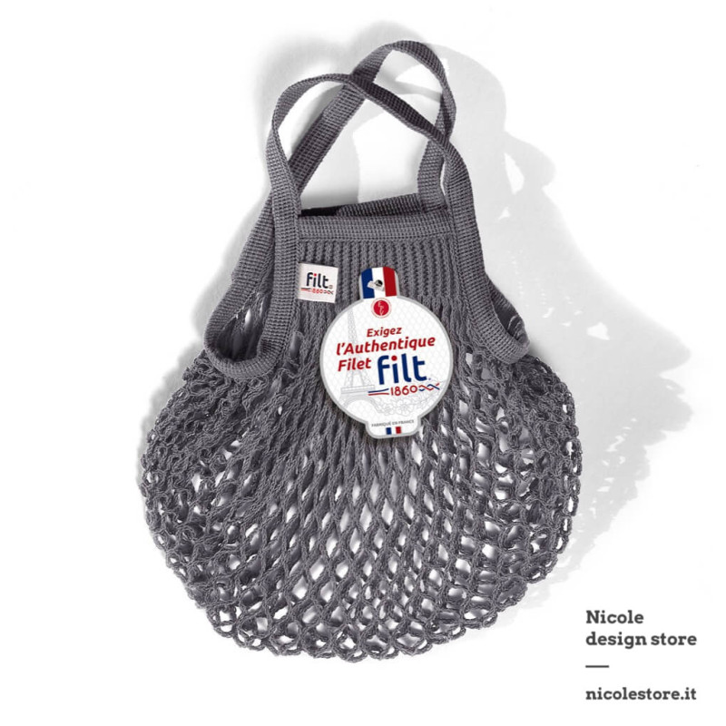 Filt 1860 gris lead grey small cotton mesh net shopping bag with handle Filt 1860 gris lead grey small cotton mesh net shopping bag with handle