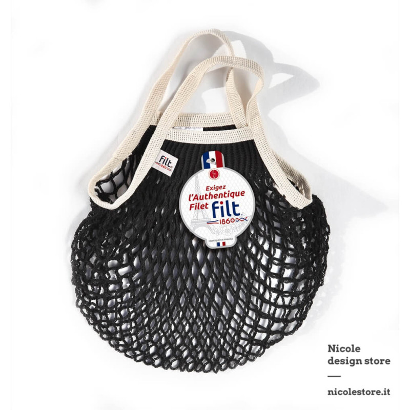 Filt 1860 noir ecru black small cotton mesh net shopping bag with handle Filt 1860 noir ecru black small cotton mesh net shopping bag with handle