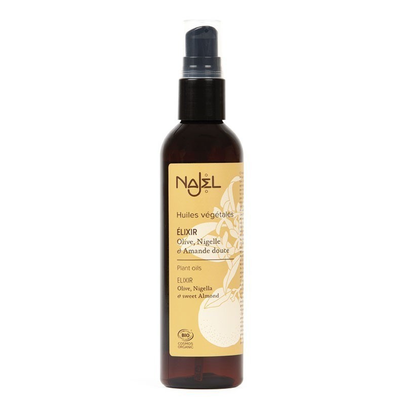 Olio Elisir ai tre oli 125 ml - oliva, cumino nero, mandorla dolce - Élixir aux trois huiles - Najel Olio Elisir ai tre oli 125 ml - oliva, cumino nero, mandorla dolce - Élixir aux trois huiles - Najel