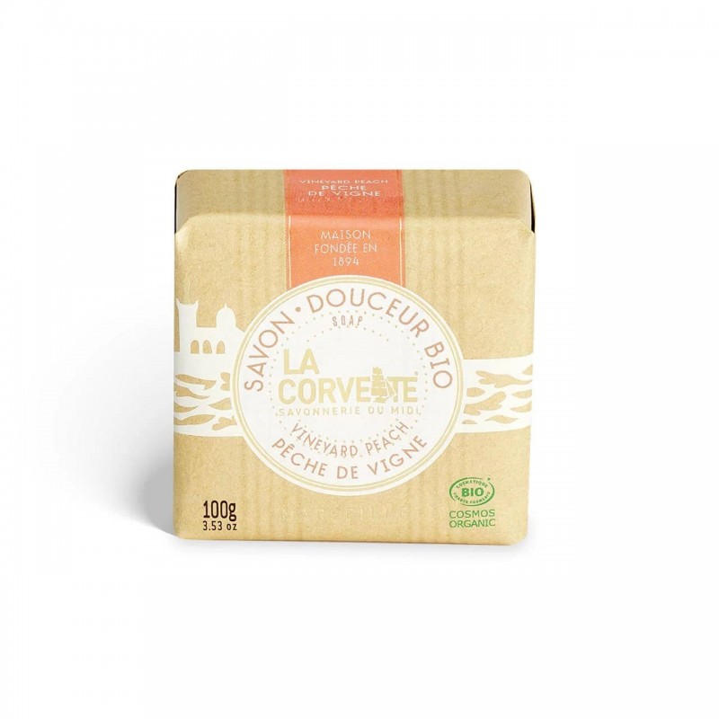 Sapone di Marsiglia biologico con essenza di pesca di vigna 100 g La Corvette Sapone di Marsiglia biologico con essenza di pesca di vigna 100 g La Corvette