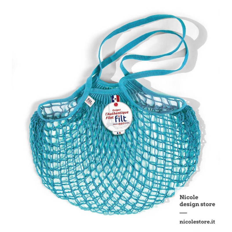 Filt 1860 turquoise bleu joyau cotton mesh net shopping bag with shoulder handle Filt 1860 turquoise bleu joyau cotton mesh net shopping bag with shoulder handle