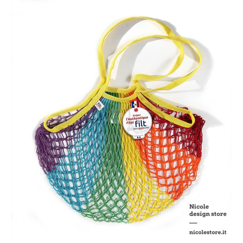 Borsa a rete in cotone con manico a spalla arcobaleno rainbow Filet Filt 1860 Borsa a rete in cotone con manico a spalla arcobaleno rainbow Filet Filt 1860