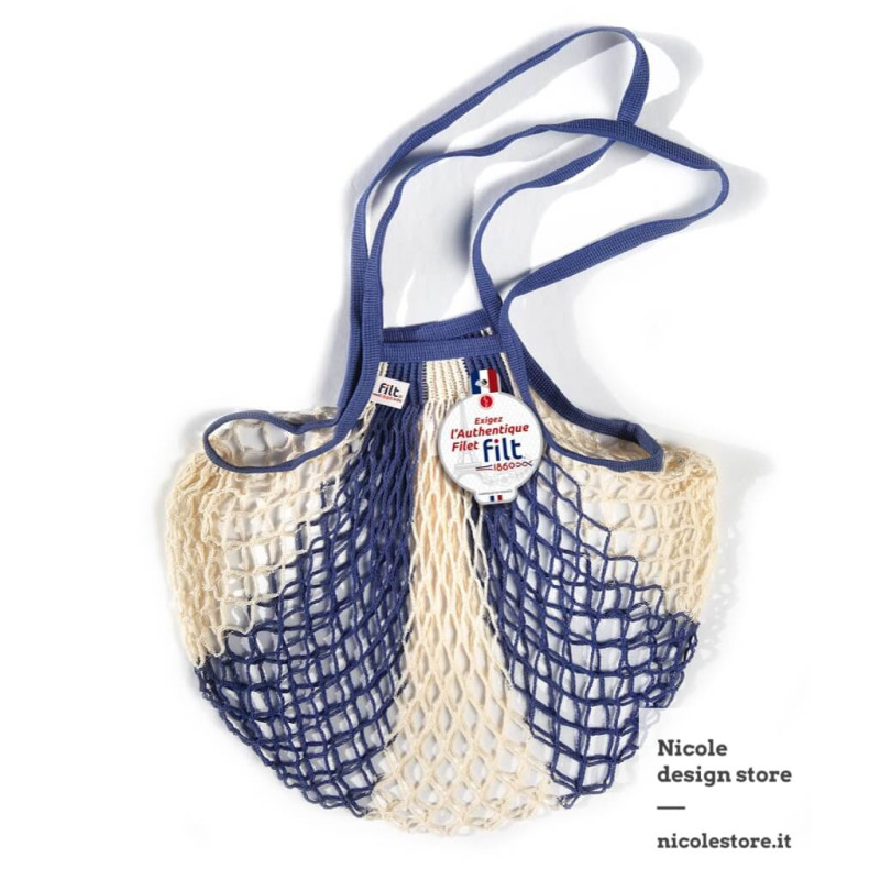 Borsa a rete in cotone con manico a spalla blu jeans bianco bleu jean ecru Filet Filt 1860 Borsa a rete in cotone con manico a spalla blu jeans bianco bleu jean ecru Filet Filt 1860
