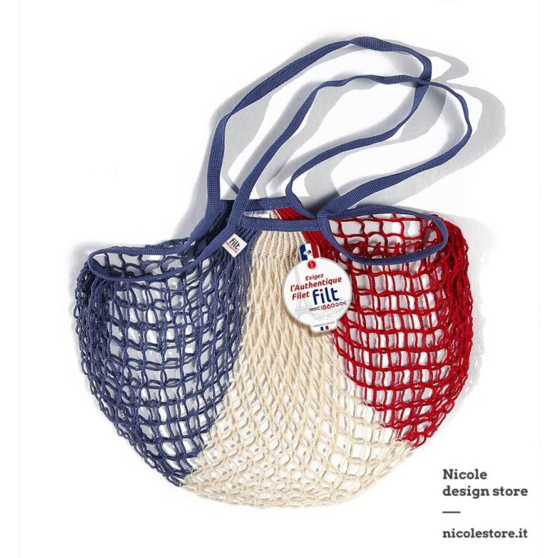 Filt 1860 blue white red bleu blanc rouge cotton mesh net shopping bag with shoulder handle