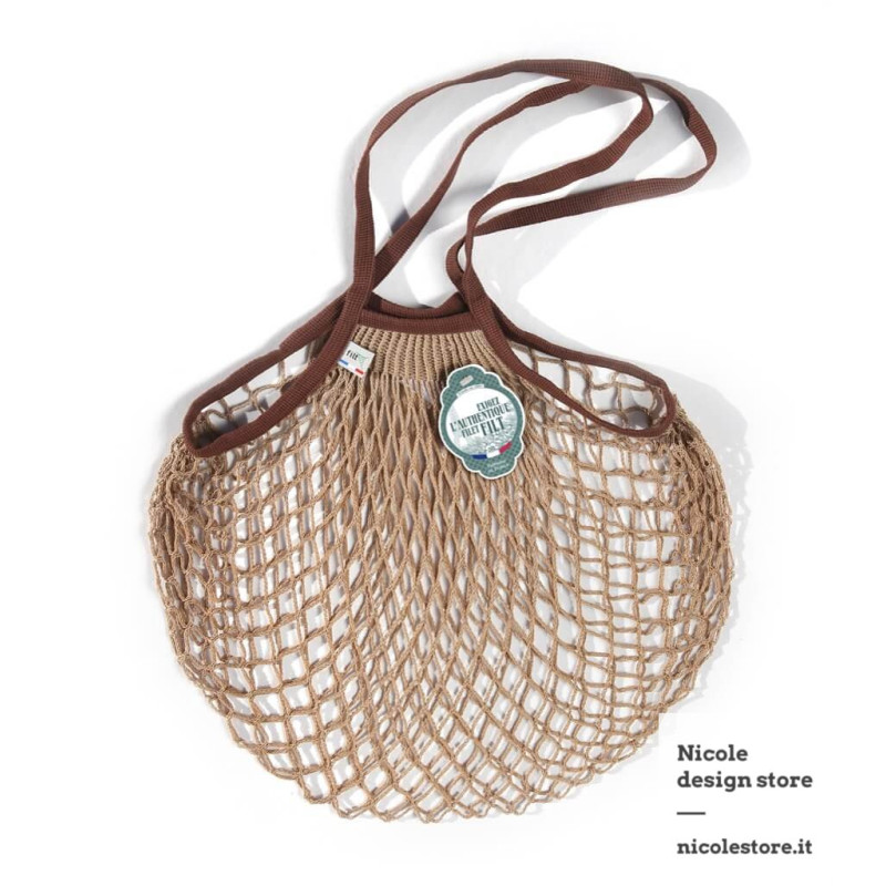 Filt 1860 mastic sepia beige brown cotton mesh net shopping bag with shoulder handle