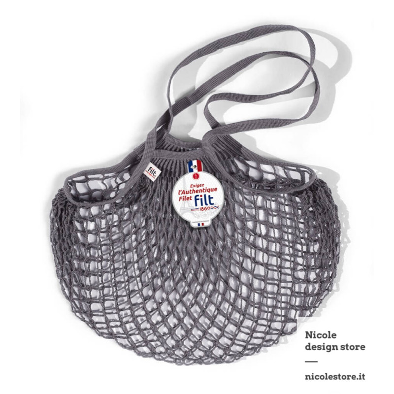 Borsa a rete in cotone con manico a spalla grigio piombo gris lead Filet Filt 1860 Borsa a rete in cotone con manico a spalla grigio piombo gris lead Filet Filt 1860