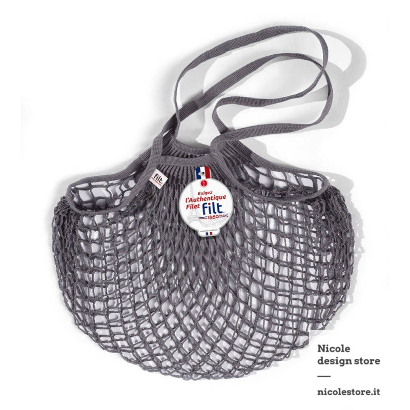 Filt 1860 gris lead grey cotton mesh net shopping bag with shoulder handle