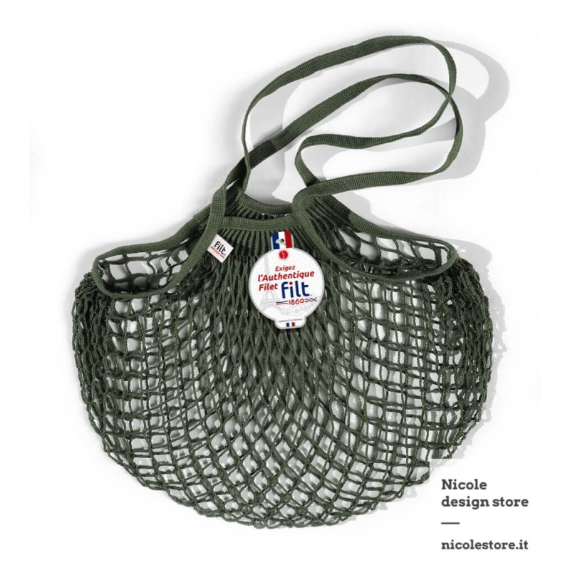 Borsa a rete in cotone con manico a spalla verde kaki Filet Filt 1860 Borsa a rete in cotone con manico a spalla verde kaki Filet Filt 1860