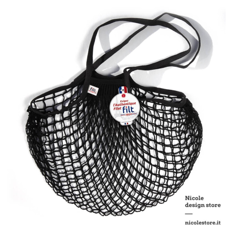 Filt 1860 noir black cotton mesh net shopping bag with shoulder handle