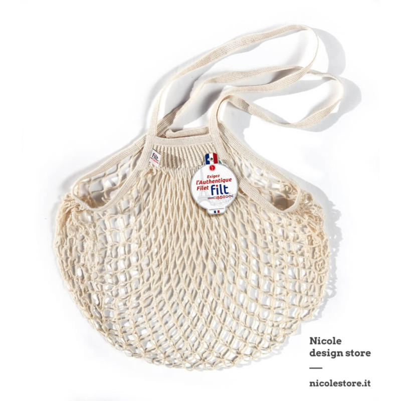 Borsa a rete in cotone con manico a spalla biologico bianco ecru Filet Filt 1860 Borsa a rete in cotone con manico a spalla biologico bianco ecru Filet Filt 1860