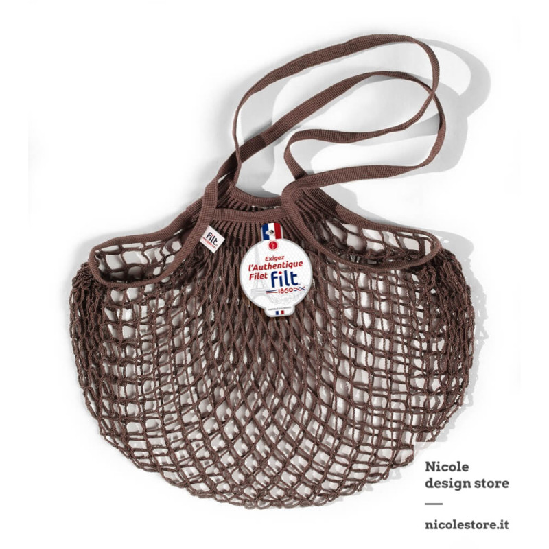 Filt 1860 marron sépia brown cotton mesh net shopping bag with shoulder handle