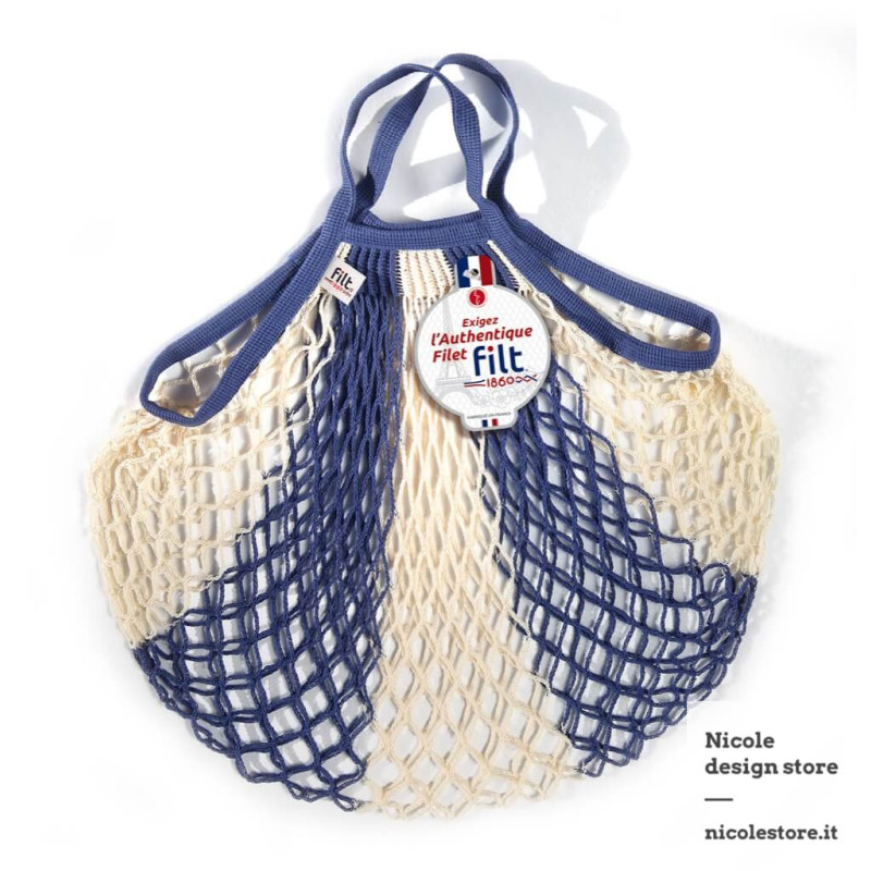 Borsa a rete in cotone con manico a mano bleu jean ecru Filet Filt 1860 Borsa a rete in cotone con manico a mano bleu jean ecru Filet Filt 1860