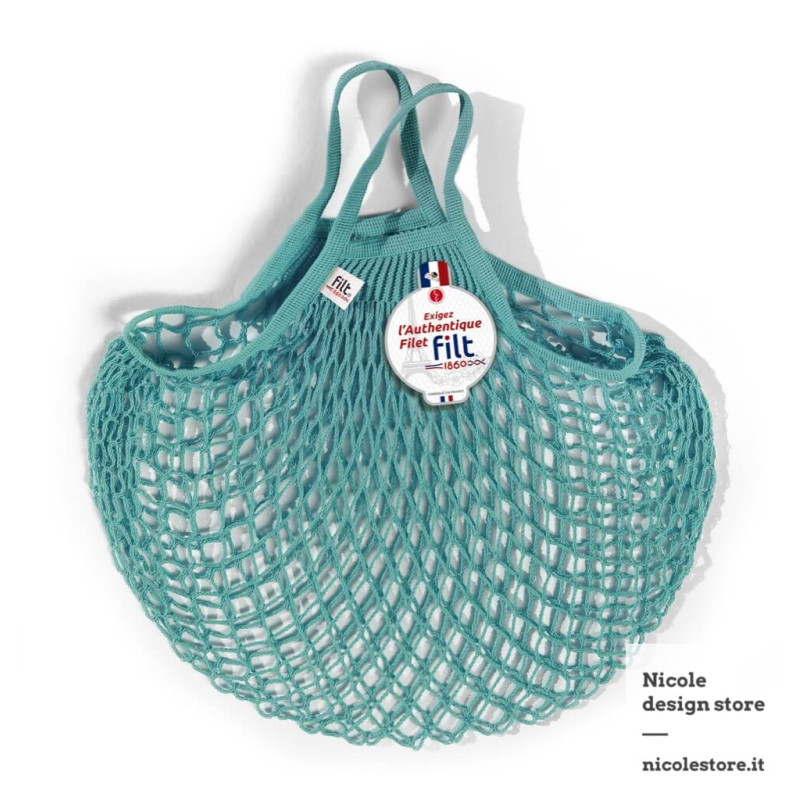 Borsa a rete in cotone con manico a mano blu acqua aquablue Filet Filt 1860 Borsa a rete in cotone con manico a mano blu acqua aquablue Filet Filt 1860