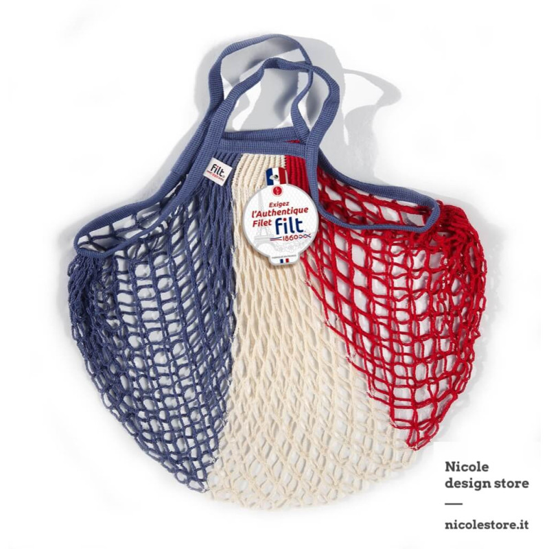 Borsa a rete in cotone con manico a mano blu bianco rosso bleu blanc rouge Filet Filt 1860