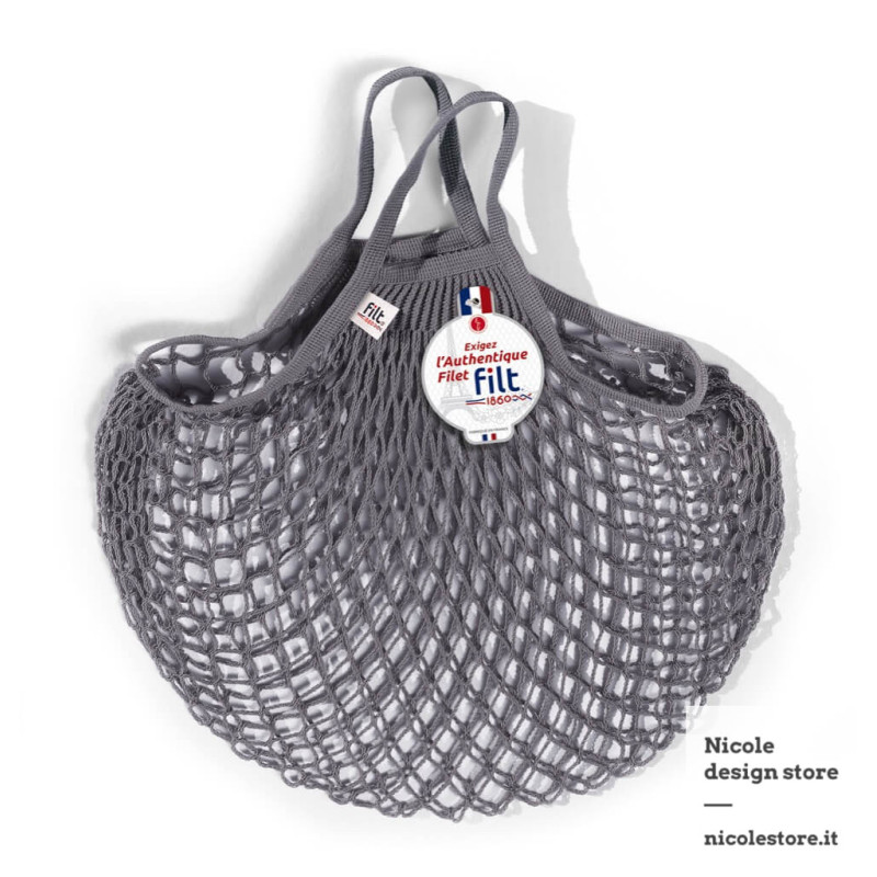 Filt 1860 gris lead grey cotton mesh net shopping bag with handle